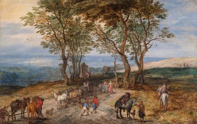 Country Road Scéna s postavami: Muž se modlí ve svatyni, kolem 1610 (olej na mědi) od Jan the Elder Brueghel