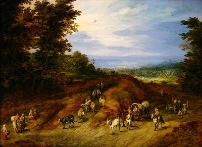 Krajina s rolníky, vozy a zvířaty (olej na mědi) od Jan the Elder Brueghel