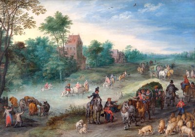 Cestovatelé na venkovské cestě s dobytkem a prasaty od Jan the Elder Brueghel