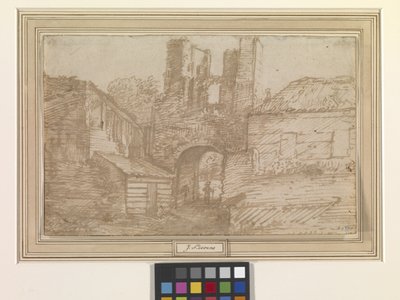 Vnější brána zřícenin hradu Brederode (pero a hnědý inkoust na špinavě bílý papír) od Jan the Elder Lievens