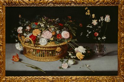 Asetelma kori ja kukkamaljakko (öljy kankaalle) od Jan the Younger Brueghel