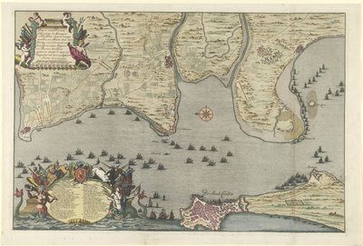 Mapa spojeneckého vylodění a expedice v Cádizu, 1702 Plán Dissante of Landing in Spangien for Cadix with Campements and Marse vypracovaný vévodou z Ormontu a generálmajorem a baronem de Spar Ceedertem 26. srpna do od Jan van Call (I)