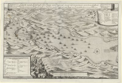 Bitva o záliv u Viga a dobytí španělské stříbrné flotily, 1702 Caarte vande Landingh v zálivu Vigos jako součást zajetí dvou Casteelů a zajetí španělské stříbrné flotily kotvící v Baay pro Redondella den od Jan van Call (I)