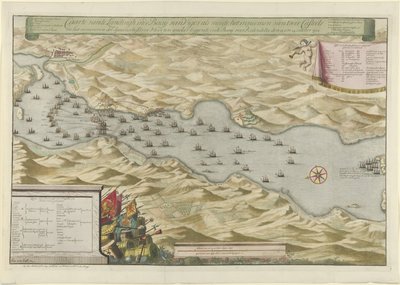 Bitva o záliv u Viga a dobytí španělské stříbrné flotily, 1702 Caarte vande Landingh v zálivu Vigos jako součást zajetí dvou Casteelů a zajetí španělské stříbrné flotily kotvící v Baay pro Redondella den od Jan van Call (I)