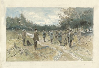 Krajina se skupinou lovců po lovu na Leusderhei od Jan van Essen