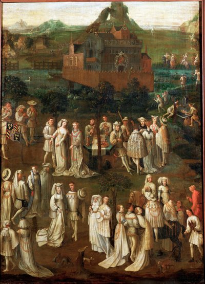 Dvorní společnost před burgundským zámkem (olej na dřevě) od Jan van Eyck