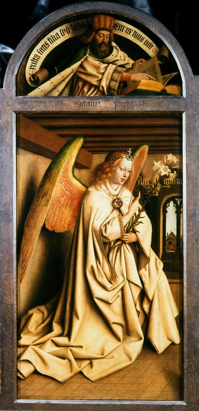 Gentský oltář. Klanění mystického beránka: Archanděl Gabriel, 1432. od Jan van Eyck