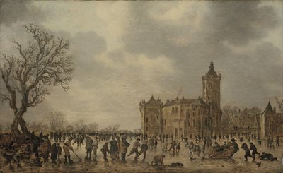 Zimní krajina s postavami na ledě u hradu Montfoort od Jan van Goyen