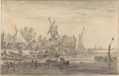Pobřežní scéna s větrným mlýnem od Jan van Goyen