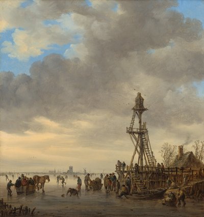 Ledová scéna poblíž dřevěné vyhlídkové věže od Jan van Goyen