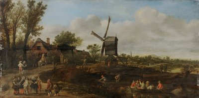 Říční krajina s větrným mlýnem a loděmi od Jan van Goyen