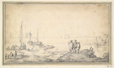 Tři postavy na duně s výhledem na záliv s loděmi od Jan van Goyen