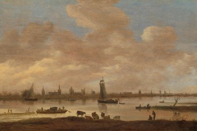 Pohled na imaginární město přes řeku s věží Saint Pol ve Vianen od Jan van Goyen