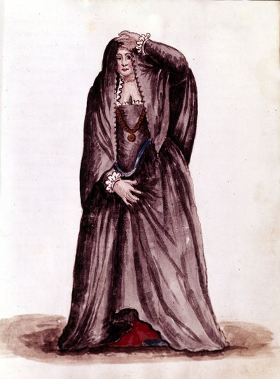 Benátská kurtizána v 18. století. Kresba akvarelem a tuší z rukopisu „Custom of the Venitians““ od Jana van Grevenbroecka (nebo Giovanniho Grevembrocha (Grevenbroch) (1731-1807) od Jan van Grevenbroeck