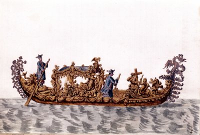 Královská gondola. Kresba akvarelem a tuší z rukopisu „Custom of the Venitians““ od Jana van Grevenbroeka (nebo Giovanniho Grevenbroicha (Grevenbroich) (1731-1807) od Jan van Grevenbroeck