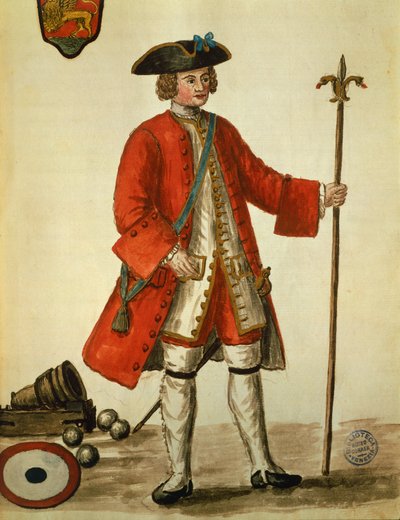 Dělostřelec z benátského námořnictva v uniformě, převzato z Kostýmy Benátek od Giovanniho di Grevembrocha (1731-1807) Akvarel od Jan van Grevenbroeck