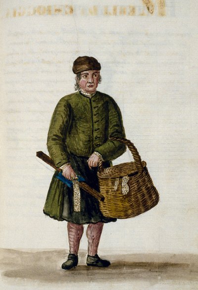 Prodejce chiogské krajky, ilustrace z rukopisu benátských oděvů, svazek IV, c 68, od Jana Grevenbroecka (1731-1807), akvarel, Itálie od Jan van Grevenbroeck