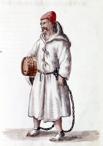 Galerian ze 17. -18. století. Kresba akvarelem a tuší z rukopisu „Custom of the Venitians““ od Jana van Grevenbroeka (nebo Giovanniho Grevenbroicha (Grevenbroich) (1731-1807) od Jan van Grevenbroeck
