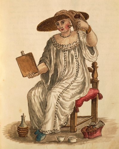 Dáma nalíčená, od Jana van Grevenbroecka nebo Giovanniho Grevembrocha (1731-1807), Gli Abiti de Veneziani, z ilustrované knihy kostýmů, akvarel od Jan van Grevenbroeck