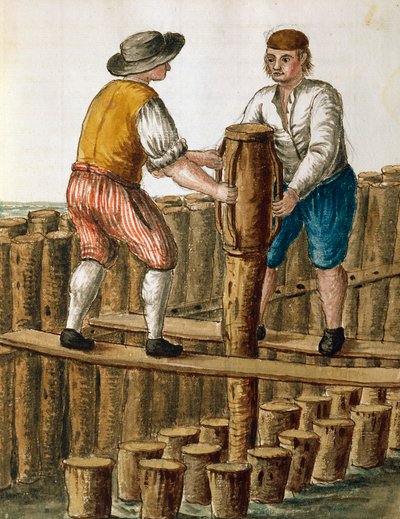 Pokládání základů benátské laguny, ilustrace Jana van Grevenbroecka (1731-1807) z rukopisu Dress of Venetians, Itálie od Jan van Grevenbroeck