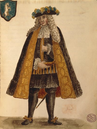 Sardinský velvyslanec, Jan van Grevenbroeck nebo Giovanni Grevembroch (1731-1807), Gli Abiti de Veneziani, z ilustrované knihy kostýmů, akvarel od Jan van Grevenbroeck