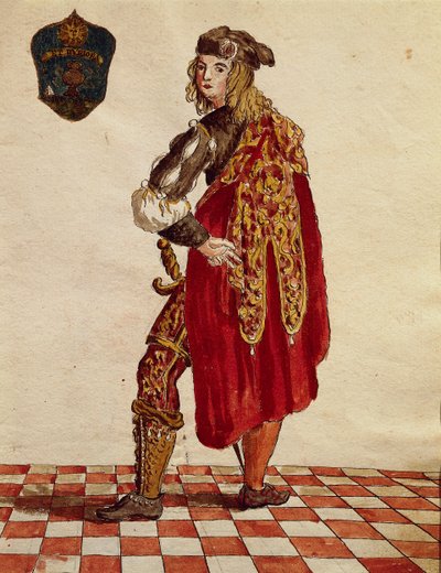 Oblek rytíře Bratrstva de la Calza (Punčocha) v roce 1564, Jan van Grevenbroeck nebo Giovanni Grevembroch (1731-1807), Gli Abiti de Veneziani, z ilustrované knihy kostýmů, akvarel od Jan van Grevenbroeck