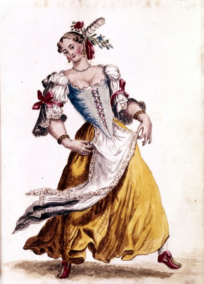 Benátský tanec. Kresba akvarelem a tuší z rukopisu „Custom of the Venitians““ od Jana van Grevenbroeka (nebo Giovanniho Grevenbroicha (Grevenbroich) (1731-1807) od Jan van Grevenbroeck