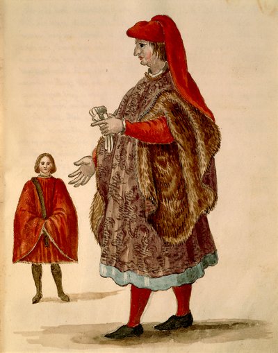 Benátský senátor na sobě "Dogalina", formální róba se širokými rukávy, od Jana van Grevenbroecka nebo Giovanniho Grevembrocha (1731-1807), Gli Abiti de Veneziani, z ilustrované knihy kostýmů, akvarel od Jan van Grevenbroeck