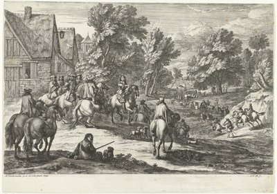 Pohled na vesnici s jezdci v popředí od Jan van Huchtenburg