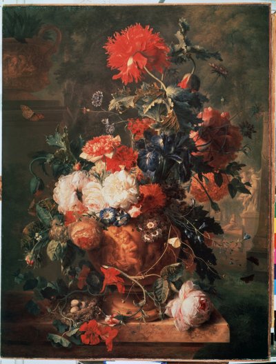 ""Kytice květin"" (Květiny) Zastoupeno je také hnízdo s vejci a hmyzem (včetně motýla, mouchy, mravence a berušky) Obraz Jana van Huysumse (1682-1749) 1722 Ermitážní muzeum Petrohrad od Jan van Huysums