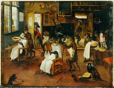 A Singerie: Monkey Barbers obsluhující kočky od Jan van Kessel