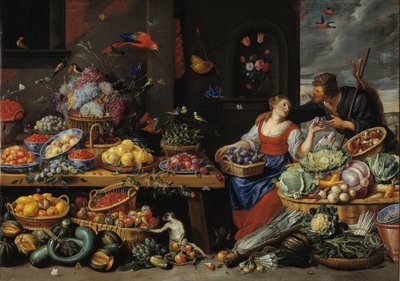 Ovocný a zeleninový trh s mladým prodejcem ovoce od Jan van Kessel d.Æ.