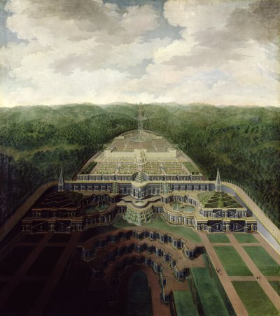 Pohled na komplex Karlsberg od kaskád a zahrad k oktagonu, po roce 1716 od Jan van Nickelen