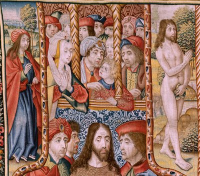 Vlámský gobelín. Seriál Epizody ze Života Panny. Proroctví se naplňují při narození Krista (Splnění proroctví při narození Syna Božího). První tapisérie v sérii. Modely připisované Janu von Roome (nebo van B od Jan van Roome