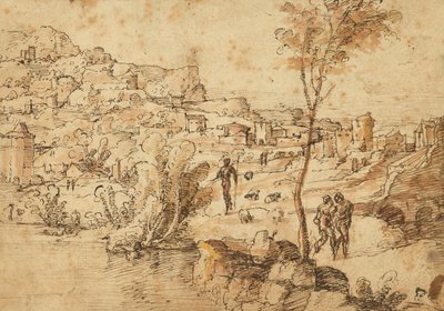 Krajina s pastýři u řeky a městem za řekou (recto); figurální studie a římské ruiny (verso) od Jan van Scorel
