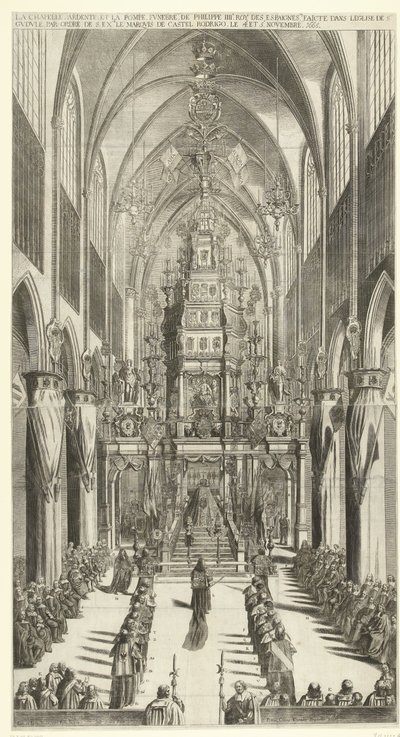 Lijkdienst voor Filips IV te Brussel, 1665 Hořící kaple a pohřební průvod Philippe IIIe roy des Espaignes v kostele Ste. Gudule v pořadí s. přebytek. markýz z Castel Rodrigo 4. a 5. listopadu 1665 (titul na předmětu) od Jan van Troyen