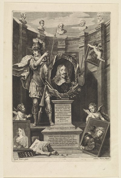 Portrét arcivévody Leopolda Viléma Rakouského jako sběratele umění Theatrum Pictorium (název série) Titulní strana pro: David Teniers, Theatrum Pictorium, 1658 od Jan van Troyen