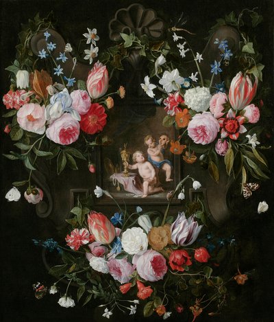 Kartušové zátiší květin kolem alegorického obrazu Putti s drahými předměty a maskou, 1648 od Jan van and Balen, Hendrik van Kessel