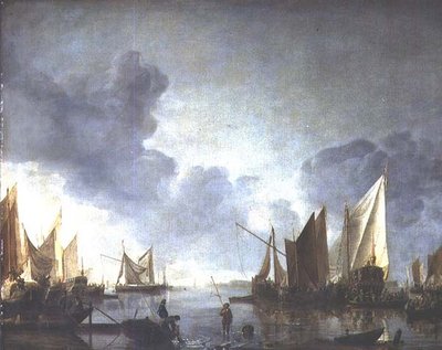 Klid s hodnostářem na státním člunu a rybáři v popředí. od Jan van de Capelle or Cappelle