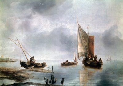 Malé plavidlo v lehkých vzduchech a další na břehu, asi 1650-1660, od Jana van de Cappelle (1624-asi 1679), olej na plátně, 34, 8x48 od Jan van de Capelle or Cappelle