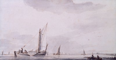 Rybáři a plachetnice na ústí řeky v klidu (pero, inkoust a mytí) od Jan van de Capelle or Cappelle