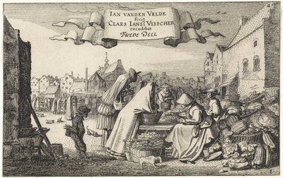 Postavy ve stánku se zeleninou na trhu Krajiny (název série) Amenissimae aliquot requculae (název série) od Jan van de Velde (II)
