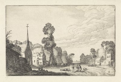 Postavy a dobytek ve vesnici s kostelem Krajiny (název série) Amenissimae aliquot requculae (název série) od Jan van de Velde (II)