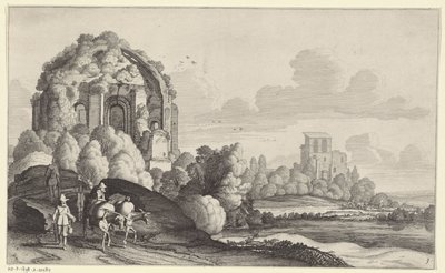 Cestovatelé v chrámu Minerva Medica v Římě Krajiny po Pieteru de Molijn (název série) od Jan van de Velde (II)
