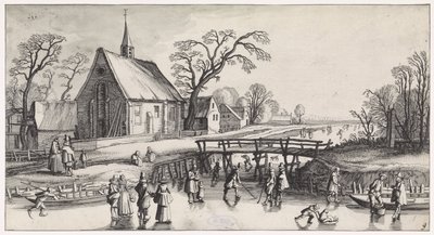 Zimní krajina s bruslaři poblíž vesnice Krajiny a zábavné památky Playsante (název série) od Jan van de Velde (II)