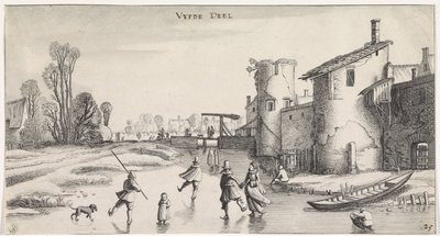Zimní krajina s bruslaři u městské hradby Příjemná krajina a zábavné památky (název série) od Jan van de Velde (II)