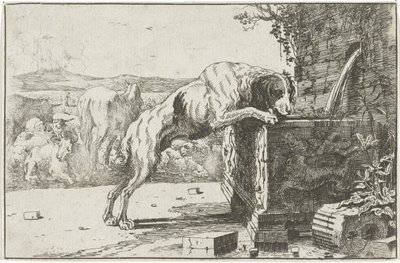 Hund bei einem Brunnen von Jan van den Hecke