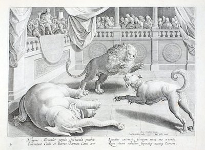 Alexandr Veliký nasadil podívanou, souboj lva, psa a slona, ilustrace z 