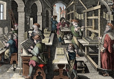 Tiskárna, c1600 - Holandsko, Tisk: vlevo znaky používají znaky, různé fáze přípravy tisku pod dohledem hlavního tiskaře - Rytina z „Nova Reperta“ od Giovanniho Stradana (Jan Van Der Straet) (Johanne od Jan van der Straet