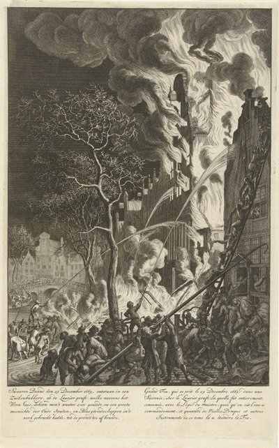 Požár na Lauriergracht v Amsterdamu, 1669 Těžký požár 29. prosince 1669. vznikl v cukrovaru, na štěpu Laurier (…) / Grand feu, qui se prit le 29. prosince 1669. dans une sucrerie, sur le Laurier graft (…) (název na objektu) od Jan van der Heyden (attributed to)